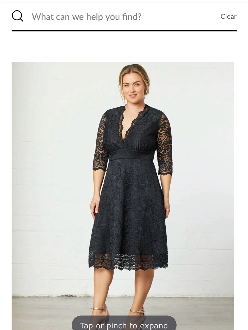 Kiyonna Black Lace V-Neck Midi Dress with Three-Quarter Sleeves